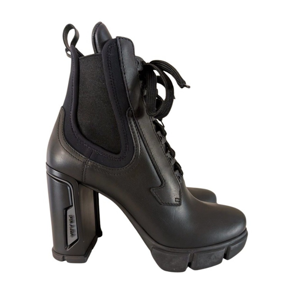 NIB Prada Black Leather Lace Up Chunky Heel Chelsea‎ Boots Women's 39.5 - Picture 2 of 12